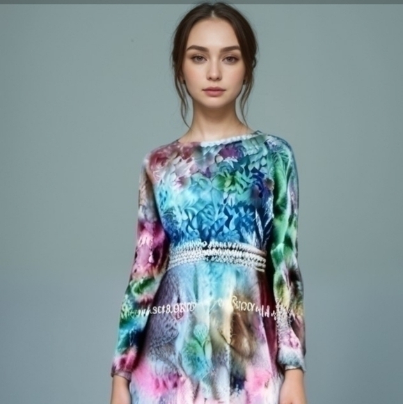 VINTAGE 70S CUSTOM DIP DYED LACE SEQUIN RICK RAC DRESS SZ S M - Picture 2 of 11